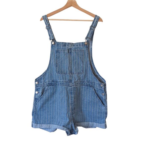 Madewell Womens Pinyon Short Overalls Pinstripe Denim Blue Shortalls XL Farmer - Picture 1 of 5